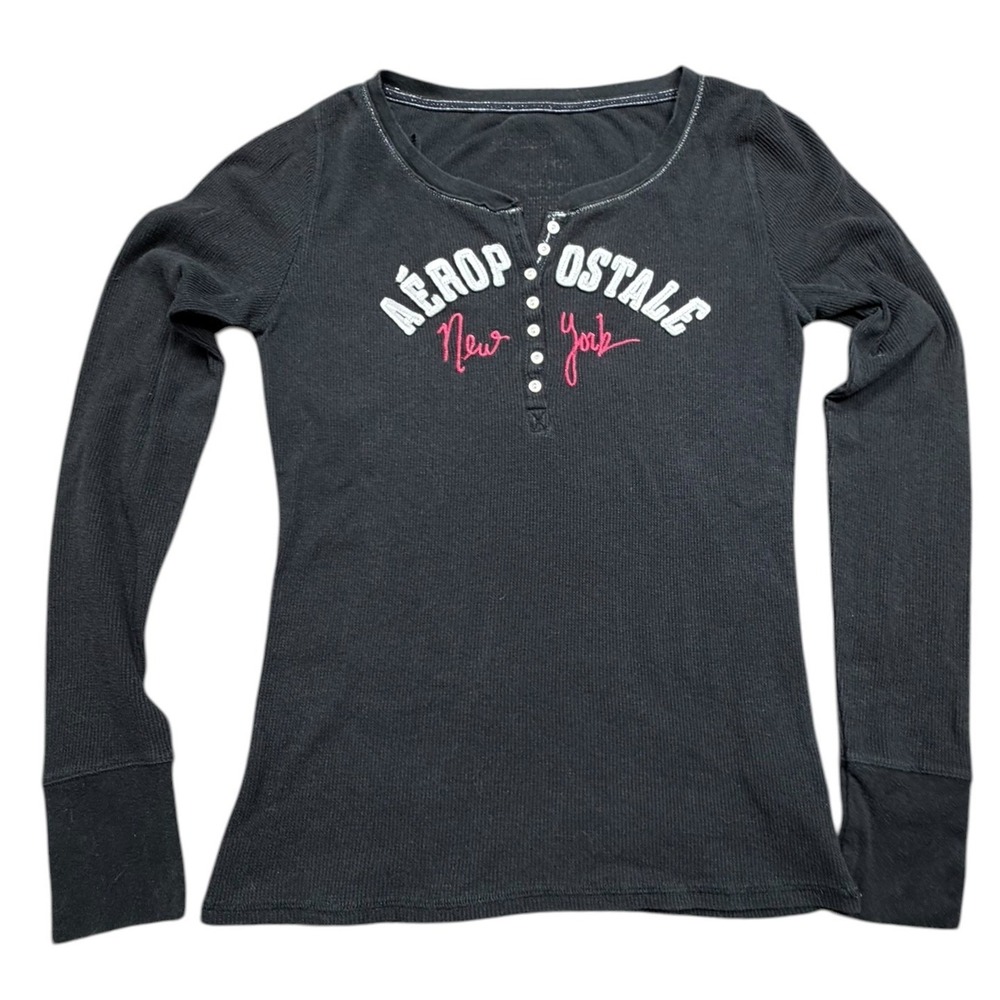Y2K Aeropostale Black Waffle Knit Henley Thermal Long Sleeve Logo Top Womens XL